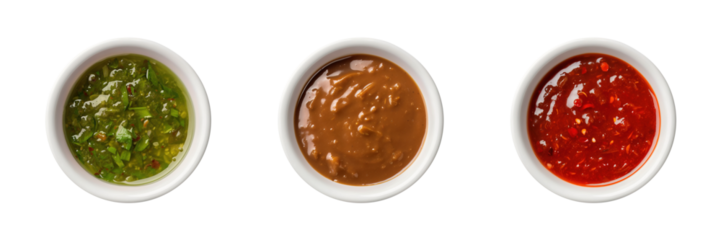 Green salsa verde, satay peanut, siracha sauce in white ceramic bowl transparent PNG cutout set bundle, isolated background. Vibrant colorful flavor cue, culinary food condiment