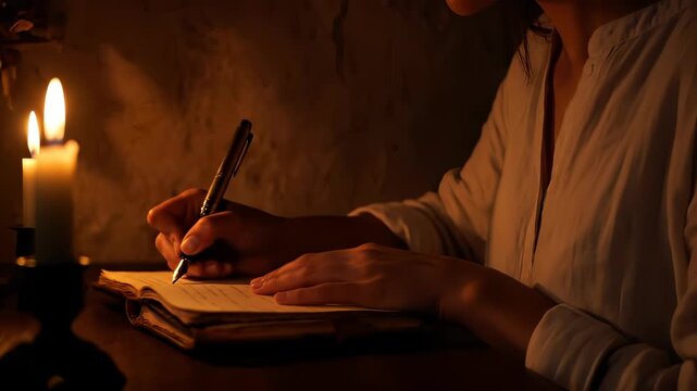 Woman inscribing her thoughts into a vintage journal illuminated by candlelight ambiance