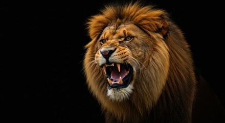 Fototapeta premium Roar of the king, powerful lion with mane, expression of ferocity on dark