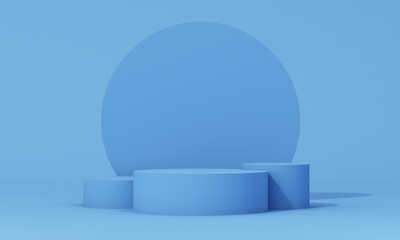 Solid blue podium with abstract spheres and shapes floating around, simple yet dynamic composition. 3d rendering.