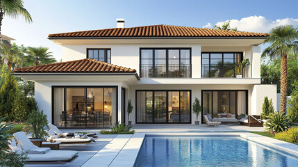 Fototapeta premium Modern house with swimming pool and outdoor lounge area surrounded by palm trees and greenery under clear blue sky, creating relaxing and luxurious atmosphere