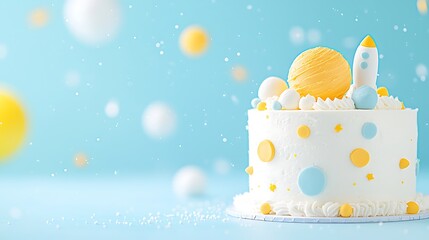 Whimsical space themed birthday cake with rocket and planets