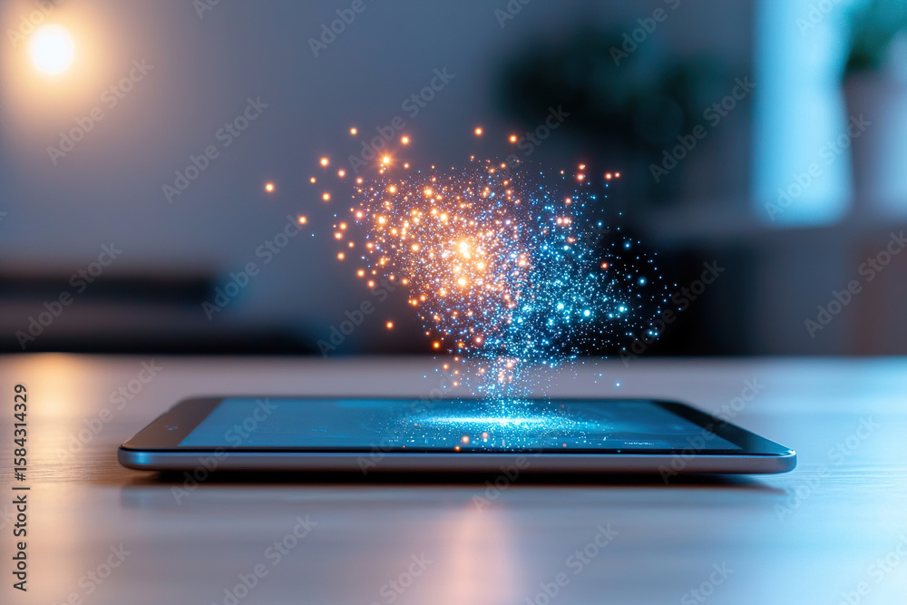 Wall mural tablet displaying vibrant digital visualization with glowing particles emerging from screen, creatin