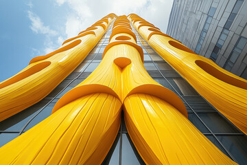 Tall yellow building against a blue sky.