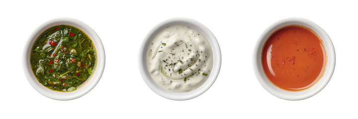 Chimichurri, garlic, buffalo sauce in white ceramic bowl transparent PNG cutout set bundle, isolated background. Vibrant colorful flavor cue, culinary food condiment