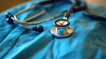 Close-up of a silver stethoscope resting on a teal medical scrub top, showcasing its dual chestpieces and tubing.  The fabric's texture is subtly visible