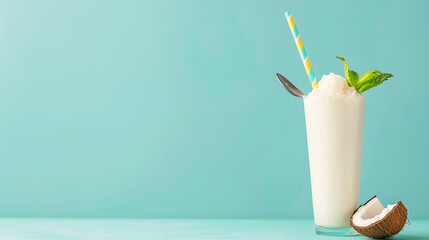 Refreshing coconut slushy with mint and striped straw on a teal background