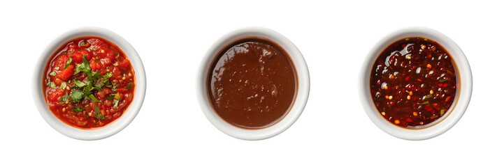 Salsa, mole, teriyaki sauce in white ceramic bowl transparent PNG cutout set bundle, isolated background. Vibrant colorful flavor cue, culinary food condiment
