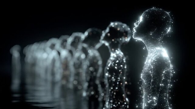 Glowing figures with dark background.
