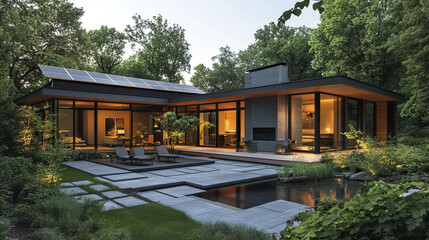 Fototapeta premium Modern house with patio area and solar panels surrounded by lush green trees and reflective pond, creating peaceful and inviting outdoor living space at dusk
