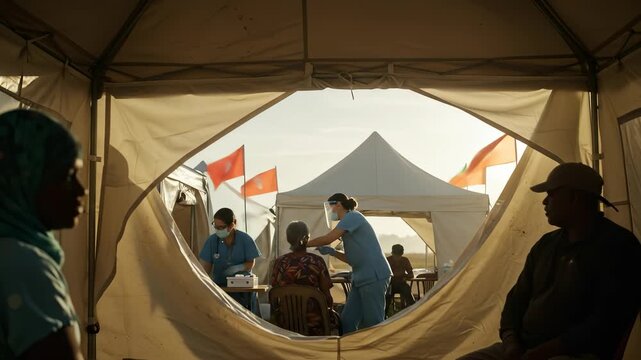 Medical outreach camp provides healthcare services to diverse community members under tents