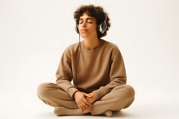 Serene Soundscape: A person in comfortable attire sits cross-legged, immersed in music with closed eyes. Experience tranquility and escape from the world. 