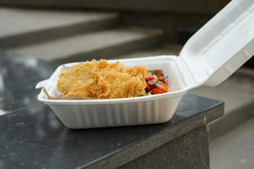 Takeout Meal with Rice, Fried Chicken, and Colorful Vegetables in Disposable Container
