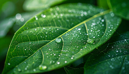 Emerald Dewdrop: A close-up view of vibrant, textured leaves adorned with glistening water droplets, embodying natural beauty and freshness.