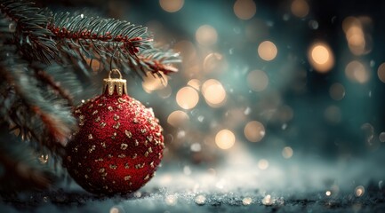 Obraz premium Red Christmas ornament hanging from green tree branch against blurred natural background in daylight.