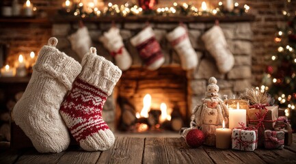 Cozy fireplace decorated with Christmas stockings and lit candles, warm holiday ambiance indoors.