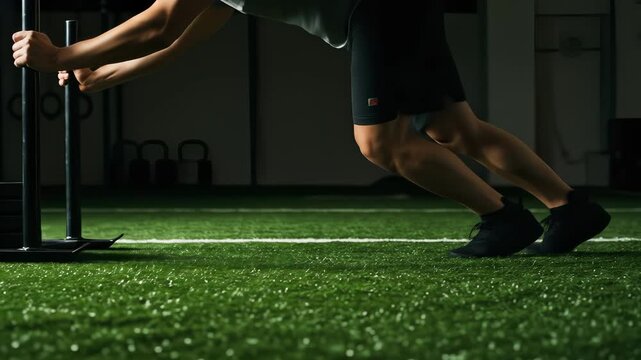 Intense gym workout with a sled push on artificial turf, athlete strength and endurance training