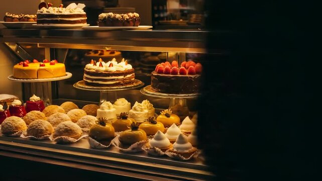 Delightful array of cakes and pastries displayed in a warmly lit bakery window