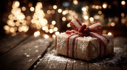Gift wrapped in brown kraft paper with a red satin bow on a white background, studio lighting.