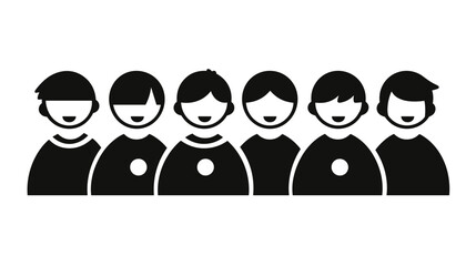 Group of six smiling cartoon characters in black silhouette style  