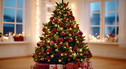 Decorated Christmas tree with colorful presents underneath in a cozy indoor living room setting.