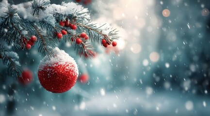Red Christmas ornament hanging from snow-covered tree branch in a winter daytime outdoor scene.