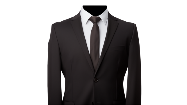 Elegant black suit with a white shirt and tie on transparent background