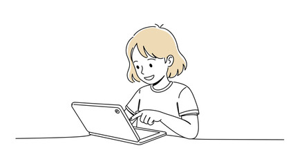 Young child using tablet and smiling at home in minimalist style  