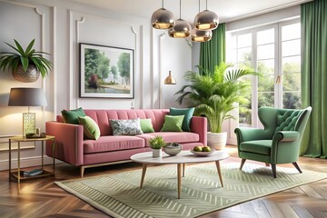Elegant living room with pink sofa green armchair and lush indoor plants