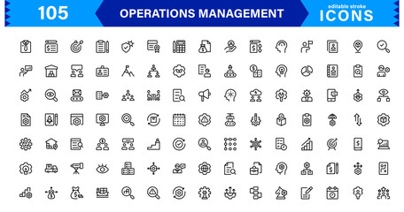 Operations Management Icon Set in Vector Style Featuring Workflow, Process, and Business Tools