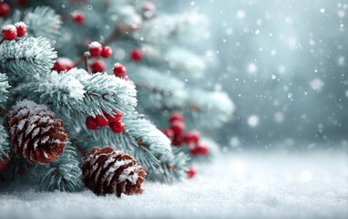 Close-up of pine cones and red berries on a snowy branch with soft winter background, ideal for holiday themes.