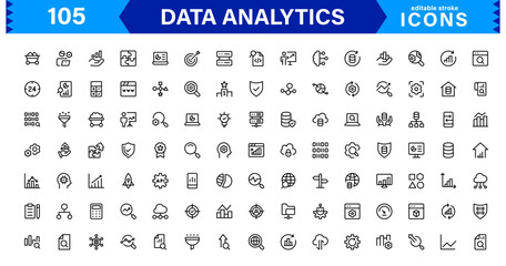 Data Analytics Icon Set in Vector Style Featuring Charts, Graphs, Reports, and Insights for UI UX Design, Business Intelligence, and Digital Platforms
