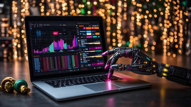 Robotic hand operating a laptop displaying financial data.