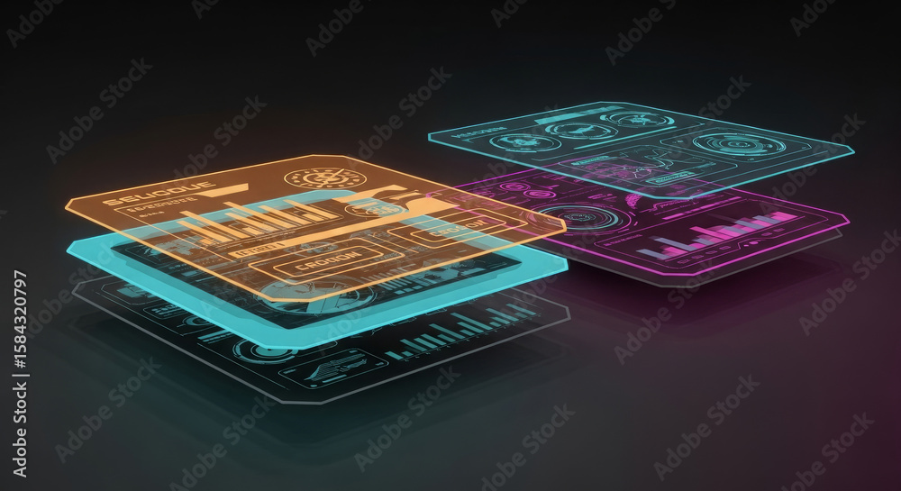 Poster abstract digital display with translucent screens showing data visualizations, graphs, and charts in