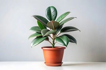 A lush ficus elastica rubber plant with dark green glossy leaves in a terracotta pot against a light gray background