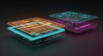 Abstract digital display with translucent screens showing data visualizations, graphs, and charts in vibrant colors.