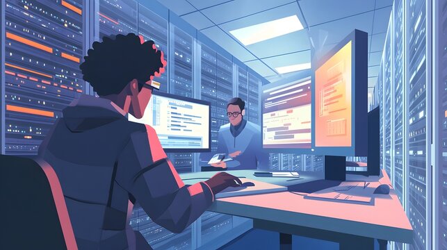 Two technicians work late in a server room.