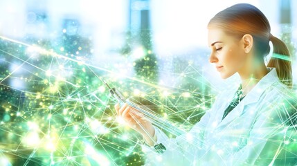 A female scientist examines a futuristic interface.
