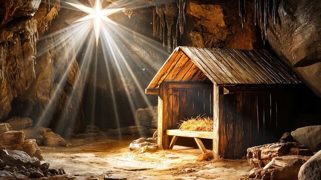 A nativity scene in a cave, with sunlight and a star