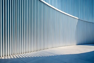 Modern architectural facade with vertical ribbed panels and dramatic striped shadows on a bright sunny day