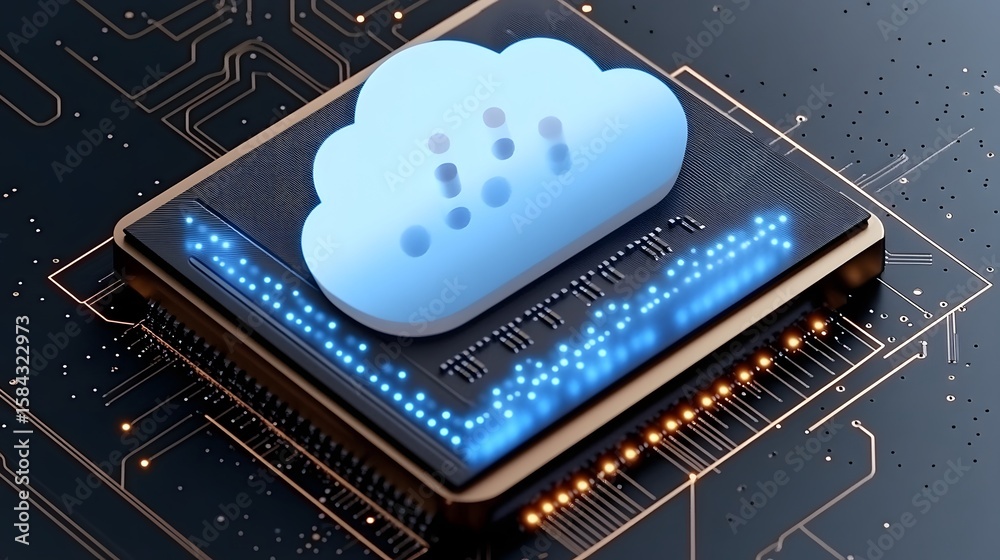 Poster cloud computing icon displayed on a computer chip.