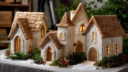 Three detailed gingerbread houses displayed on a wooden table with festive decorations and warm lighting.