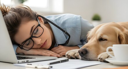 Close-Up of Tired Woman and Sleeping Golden Retriever at Desk for National Lazy Day