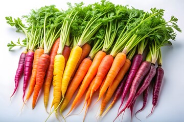 Vibrant assortment of fresh rainbow carrots with green tops on a white background