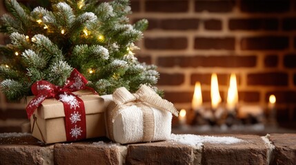 Two wrapped Christmas presents on a brick ledge beside a decorated tree in warm indoor lighting.