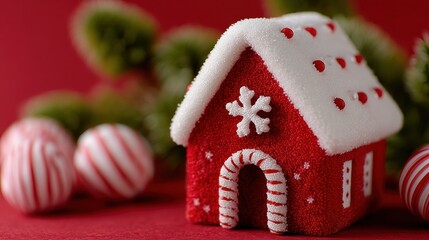 Small red house with white roof and candy cane decoration against plain white background.