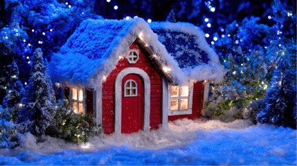 Small red house with snow-covered roof in a winter landscape under clear daylight sky.