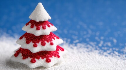 Small snow Christmas tree on vibrant blue background, minimal winter holiday decoration, isolated design.