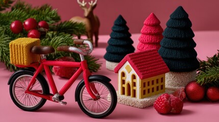 Miniature toy house with a bicycle and decorated Christmas tree on a white background.