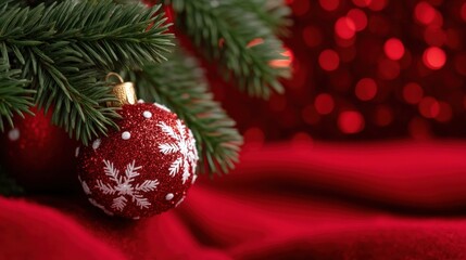 Red and white Christmas ornament resting on a textured red blanket, close-up with soft lighting.